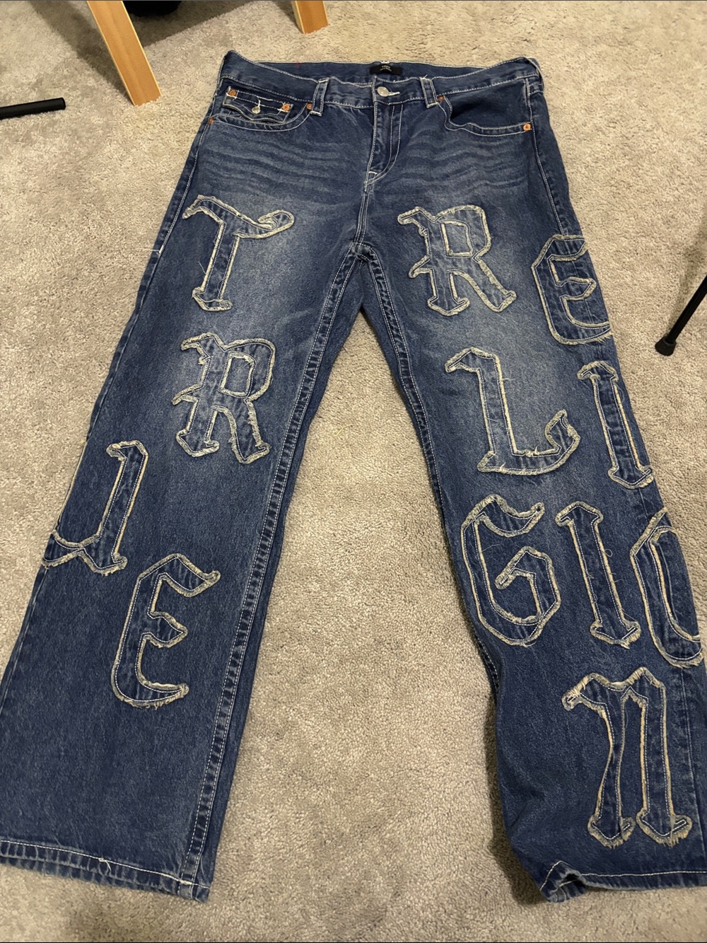 True Religion Dark Blue Denim Bootcut Jeans with Script Appliqué
